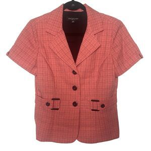 PERCEPTIONS PETITE Blouse Plaid Fitted Waist Tab Short Sleeve Womens 10P Peach